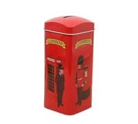 Salvadanaio a forma di cabina telefonica, cassetta postale, francobolli, guardia reale britannica. Salvadanaio originale in latta con coperchio. Salvadanaio grande in metallo lattina (16 x 7 cm