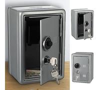 Salvadanaio a forma di cassaforte con fessura, in metallo, 12 x 18 x 10 cm, colore argento, 2 chiavi a combinazione (1 x salvadanaio a cassaforte argento)