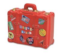 Salvadanaio a Forma di Valigetta, Colore: Rosso, con Chiave e Lucchetto, richiudibile, con Scritta Tedesca “Urlaubskasse”