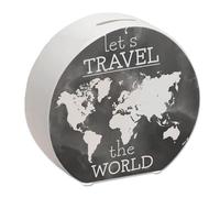 Salvadanaio con motivo mappamondo e testo 'Let's Travel The World' - Acquerello nero per viaggiare nel mondo o per le prossime vacanze