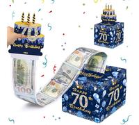Salvadanaio con scritta "Happy 70th Birthday", colore blu e oro rosa, divertente scatola regalo per il 70° compleanno, con biglietto di auguri per il 70° compleanno, per soldi, lotteria, coupon per il