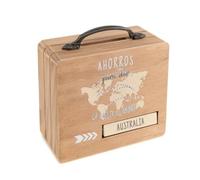 Salvadanaio decorativo, valigia da viaggio in legno, ritorno al mondo, vacanze, ruota per indicare il viaggio desiderato, Autralia, isola desesta, Exotic Holidays 15 x 15 x 7 cm (valigia ritorno al