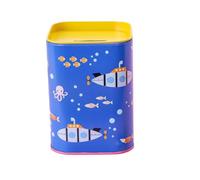 Salvadanaio in latta per bambini in colori vivi. Salvadanaio originale in latta con coperchio. Salvadanaio a buon mercato che può essere utilizzato anche come portapenne. (Sottomarini)