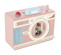 Salvadanaio in legno a forma di fotocamera in bianco e rosa, 15 x 8 x 18 cm