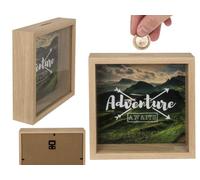 Salvadanaio in legno Adventure Awaits, con cornice, ca. 20 x 20 cm, verde