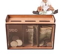 Salvadanaio per adulti | banco monete in legno con 3 scomparti e coperchio rimovibile, organizzatore per la decorazione della casa, banchi per monete per lo sviluppo di abitudini di risparmio Jingling