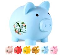 Salvadanaio personalizzato con nome per bambini, simpatico salvadanaio a forma di maiale, salvadanaio in plastica personalizzato con lettere floreali colorate, regalo infrangibile per bambini.