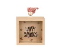 Salvadanaio Quadrato con Facciata Trasparente e Decorazione Arcobaleni - Salvadanaio con Scritta Happy Savings Ideale per Grandi e Bambini, in Plastica, 15x15x4cm, Crema