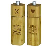 Salzmühle GLÜCK und Pfeffermühle LIEBE Bambus Räder Design