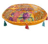 Sambhav Quilt Hub Cuscino rotondo per meditazione, stile etnico, vintage, patchwork, federa per cuscino da pavimento, beige, 55 x 56 cm, decorazione decorativa per sedute e pouf, poggiapiedi, in