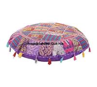 Sambhav Quilt Hub Cuscino rotondo per meditazione, stile etnico, vintage, patchwork, federa per cuscino da pavimento, beige, 55 x 56 cm, decorazione decorativa per seduta, pouf, poggiapiedi, in cotone