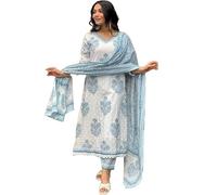 Sambhav Quilt Hub Set da donna in cotone indigo con kurta stampata a mano a blocchi e pantaloni con dupatta, bianco, X-Large