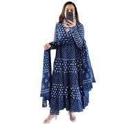 Sambhav Quilt Hub Set da donna in cotone indigo con kurta stampata a mano a blocchi e pantaloni con dupatta, Blu, Large
