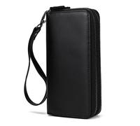 SAMEZA Portafoglio in pelle alla moda per uomo e donna, in vera pelle, lungo, con doppia cerniera, porta carte con cintura da polso, portafogli per telefono, nero puro, 1