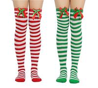 SamHeng 2 coppie da donna Calzino alti in ginocchio di Natale Lunga a righe su calze al ginocchio con fiocco per donne ragazze di Halloween in costume da festa di Natale