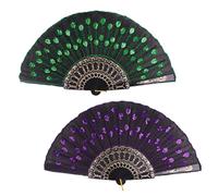 SamHeng 2 Pezzi Paillettes Ventilatori Pieghevoli, Elegante Ricamato Modello di Pavone Ventilatore Portatile, Decorativo Ventole di Mano per Ballando Nozze Festa Regalo Decorazione Murale (D)