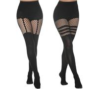SamHeng Bretella Strisce Collant per Donna, 2 Paia Nero Elastico Collant Opachi Vita Alta Calze a Rete, Moda Sexy Fishnet Stockings Discoteca Calze da Pesca Collant per Festa Cosplay