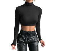 SamHeng Crop Top a Maniche Lunghe da Donna, Sottile Casual Top a Collo Alto Maglietta Termica Camicie Base Pullover Basic Top Magliette T-Shirt Top Corti Streetwear (Nero-L)