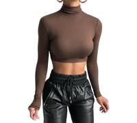 SamHeng Crop Top a Maniche Lunghe da Donna, Sottile Casual Top a Collo Alto Maglietta Termica Camicie Base Pullover Basic Top Magliette T-Shirt Top Corti Streetwear (Marrone-M)