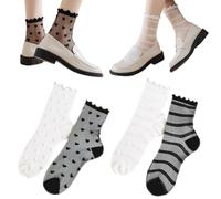 SamHeng Donna Calzini alla Caviglia Trasparente, 4 Paia Trasparenti Ultra Sottile Arruffato Calzino in Mesh, Casuale Cuore Strisce Vedi Attraverso Cristallo Calzini Corti per Ragazze (Nero & Bianco)