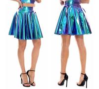 SamHeng Donna Lucido Metallico Liquido Mini Gonna Moda Festa Cosplay Elastico Svasata Gonna Colore Puro Metallizzato Lucido Casual Rave Disco Dance Party-Blu
