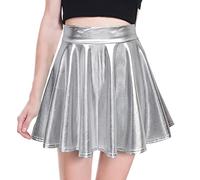 SamHeng Donna Lucido Metallico Liquido Mini Gonna Moda Festa Cosplay Elastico Svasata Gonna Colore Puro Metallizzato Lucido Casual Rave Disco Dance Party-Argento