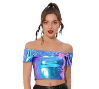 SamHeng Donna Metallizzato Lucido Top Maniche Corte Spalle Scoperte Solido Top Corto Girocollo Clubwear Camicetta Top T-Shirt per Costume di Halloween Disco Dance Party (Blu/L)