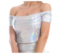 SamHeng Donna Metallizzato Lucido Top Maniche Corte Spalle Scoperte Solido Top Corto Girocollo Clubwear Camicetta Top T-Shirt per Costume di Halloween Disco Dance Party (Argento/M)