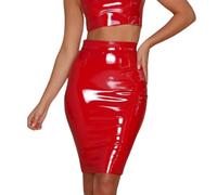 SamHeng Donne Gonna a Matita in Pelle PU Metallizzata Lucida Wet Look Bodycon Midi Gonna a Vita Alta Gonna a Matita Party Sexy Office Clubwear Dress, Rosso/XL