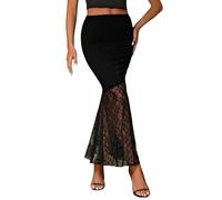 SamHeng Gonna lunga da donna a vita alta, aderente, a coda di pesce, elastica, in pizzo nero, maxi gonna per ufficio, lavoro, discoteca, abbigliamento casual quotidiano, Nero , XL