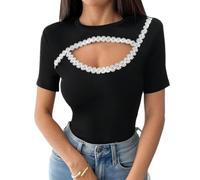 SamHeng Maglietta a Collo Rotondo da Donna, Sexy Cutout Floreale Top a Manica Corta Casual Slim Fit Camicia di Base Moda Classico Maglietta T-Shirt Nera Camicetta Streetwear (XL)