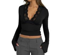 SamHeng Maglietta a Maniche Lunghe da Donna Sexy Pizzo Scollo a V Profondo Top Corto Slim Fit Maglietta Base Manica a Campana Top Corti Moda Casual Top Camicetta Streetwear (Nero-M)