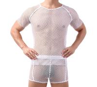 SamHeng Maglietta a rete da uomo, canotta maniche corte in rete trasparente, top corti da festa, canotta aderente in rete con scollo rotondo, maglietta allenamento traforata, canottiera per palestra