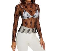 SamHeng Maglietta Donna Trasparente Camicia Mesh Tops Collo Alto Camicette Manica Lunga Maglie in Rete Tunica Bluse Elegante Casual Shirts Sexy Clubwear Casual-Nero