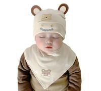 SamHeng Neonato Cappello e Bavaglino Set, Carino Orecchie da Orso Unisex Bambino Berretto Beanie di Cotone Bandana Bavaglini Triangolari per 0-12 Mesi Neonato Ragazzi Ragazze (Beige)