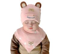 SamHeng Neonato Cappello e Bavaglino Set, Carino Orecchie da Orso Unisex Bambino Berretto Beanie di Cotone Bandana Bavaglini Triangolari per 0-12 Mesi Neonato Ragazzi Ragazze (Rosa)