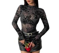 SamHeng Nero Trasparente Top Floreale in Rete da Donna, Sexy Stampa Floreale Top a Maniche Lunghe Sheer Collo Rotondo Maglietta Camicie Slim Fit Base T-Shirt Clubwear Streetwear (M)