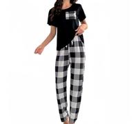 SamHeng Set pigiama da donna con scollo rotondo, maniche corte e pantaloni lunghi, morbido, abbigliamento da notte e per il tempo libero, set pigiama estivo, abbigliamento casual da notte per donna