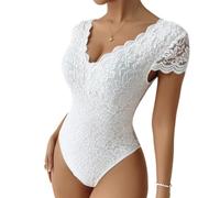 SamHeng Sexy Body in Pizzo da Donna, Elegante Scollo a V Maniche Corte Slim Fit Bodysuit Top Trasparente Schiena Scoperta Shapewear Sottogiacca Lace Floreale Tops Body Camicie Blusa (Bianco-L)