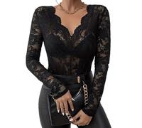 SamHeng Sexy Maglietta in Pizzo da Donna, Elegante Scollo a V Top a Maniche Lunghe Trasparente Floreale in Pizzo T-Shirt Slim Fit Maglietta Base Tunica Top Casuale Camicetta Streetwear (Nero-L)