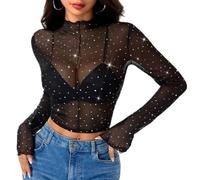 SamHeng Sexy Top a Rete da Donna, Trasparente Tops di Paillettes Top a Collo Alto a Maniche Lunghe Maglietta Camicie Base Pullover Shirts Magliette T-Shirt Casuale Sheer Tops Corti Streetwear (M)