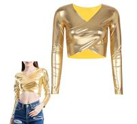 SamHeng Top a Maniche Lunghe Lucide da Donna, Top a Maniche Lunghe Incrociato con Scollo a V, Elasticizzato Liquido Metallizzato, Camicette Sexy Slim Fit in Pelle Verniciata per Abbigliamento da Club