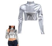 SamHeng Top a Maniche Lunghe metallizzate da Donna, Top Corto Elasticizzato Lucido a Maniche Lunghe con Collo a Lupetto per Abbigliamento da Club, Camicette metallizzate con Collo Alto Slim Fit