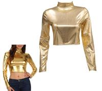 SamHeng Top a Maniche Lunghe metallizzate da Donna, Top Corto Elasticizzato Lucido a Maniche Lunghe con Collo a Lupetto per Abbigliamento da Club, Camicette metallizzate con Collo Alto Slim Fit