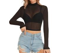 SamHeng Top corto a maniche lunghe in rete da donna trasparent con scollo a lupetto trasparente Y2K per uscire top da club abiti casual sexy vestibilità attillata feste e clubwear(nero/L)