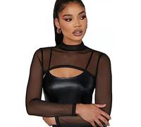 SamHeng Top Corto in Rete per Donna, Top Corto a Maniche Lunghe con Collo a Lupetto Nero Coprente, Top in Maglia Sexy Trasparente con Vestibilità Sottile per Nuoto Beach Club Wear Yoga Sport