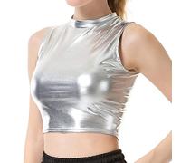 SamHeng Top corto metallizzato da donna, canotta da festa olografica senza maniche elasticizzata lucida Canotta da ballo Canotta Clubwear Club Tank