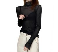 SamHeng Top da Donna in Maglia Trasparente Camicia a Maniche Lunghe Trasparente Dolcevita da Donna Camicetta Basic Slim Fit T-shirt Party Clubwear (Nero/XL)