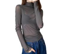 SamHeng Top da Donna in Maglia Trasparente Camicia a Maniche Lunghe Trasparente Dolcevita da Donna Camicetta Basic Slim Fit T-shirt Top Clubwear per Feste (Grigio/L)