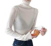 SamHeng Top da Donna in Maglia Trasparente Camicia a Maniche Lunghe Trasparente Dolcevita da Donna Camicetta Basic Slim Fit T-shirt Top Clubwear per Feste (Bianco/L)